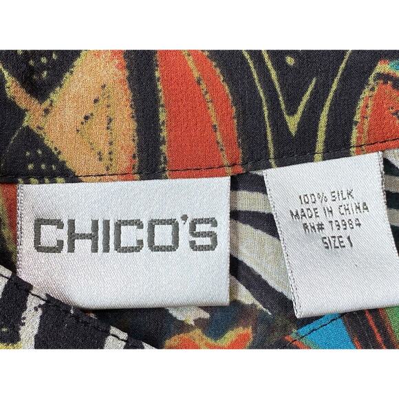 Retro CHICO'S Womens 1 (M) 100% Silk Artsy Semi-Sheer Career High Collar Blouse - Picture 4 of 10